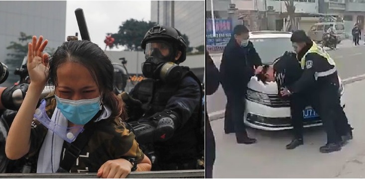 Trái: Cảnh sát Hồng Kông dưới sự chỉ đạo của ĐCSTQ bắt người người dân đeo khẩu trang phòng độc; Phải: Nhân viên an ninh Trung Quốc bắt bớ người dân không đeo khẩu trang. 