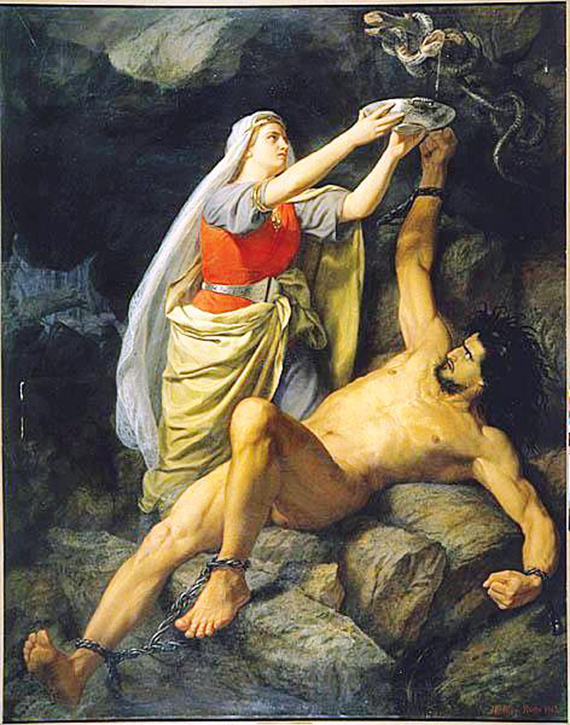 Tranh Loki và Sigyn (1893) miêu tả hình phạt của các vị Thần dành cho Loki. Tranh của Mårten Eskil Winge. 